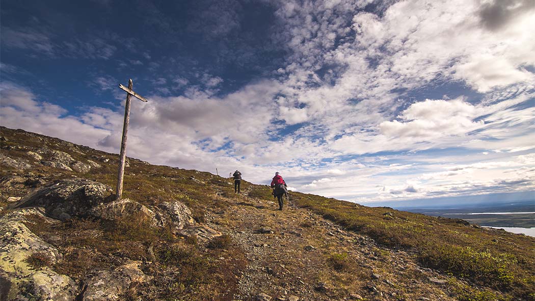 Two hikers along a trail.